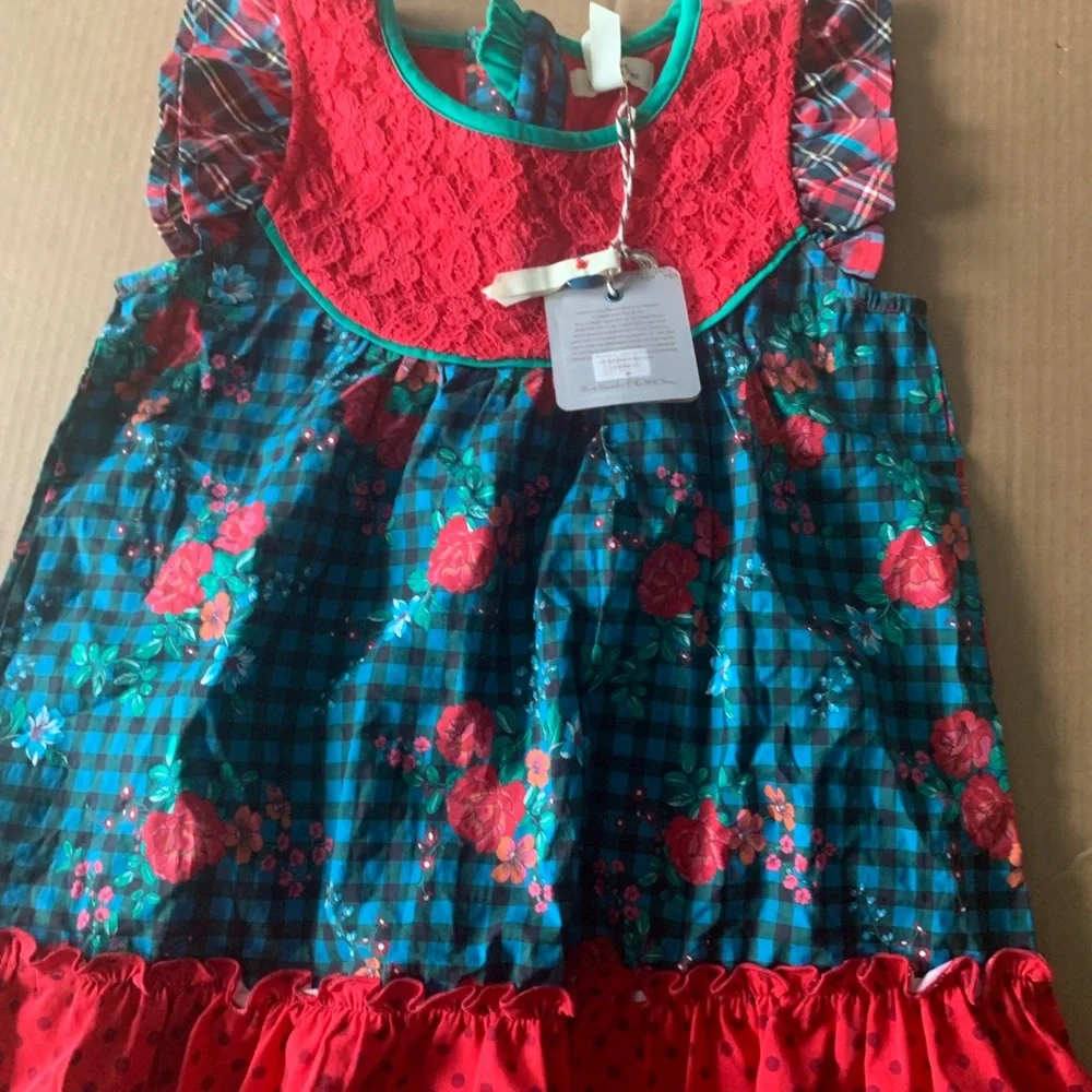 Matilda Jane girls 6 Floral Plaid shirt top Red green Christmas holiday MJ
